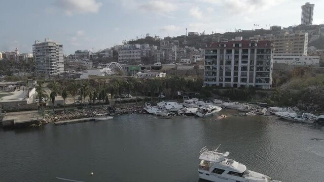 Aerial shot of the Marina and Yacht Club in Acapuclo, Mexico, a few days after Hurricane Otis.