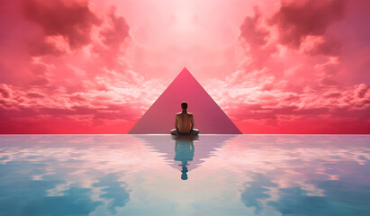  Surreal Temptation: Non-Realistic Figure, Pyramid, and Pink Tones with Ample Copy Space - Inviting Imagination and Interpretation in a Surreal Landscape, man in lotos position - obrazy, fototapety, plakaty