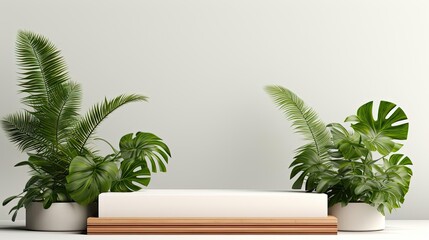 podium design for product display or product stand with leaf ornaments and minimalist background