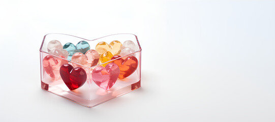 Valentine’s Day concept: heart-shaped transparency box with pestle color hearts inside, isolated blank background for copy space