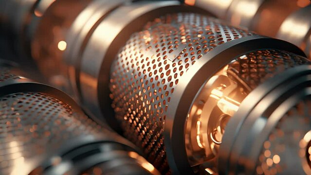 Closeup shot of a tingedge catalytic converter, focusing on a complex network of catalystfilled canisters that convert harmful exhaust gases into less toxic compounds. The converter contributes