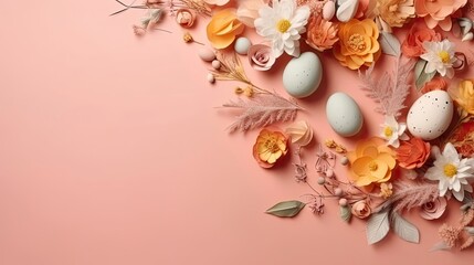 Top View of Happy Easter Day banner concept design of colorful eggs and plants on pastel background