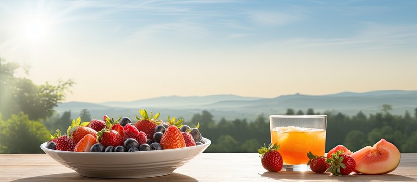 The woman enjoyed a healthy breakfast of cereal and fruit consisting of orange slices and fresh strawberries on a white table against the backdrop of a serene nature scene She knew that inco
