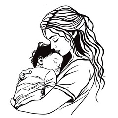 Line art mother with baby