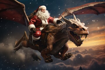illustration of santa claus flying on a dragon