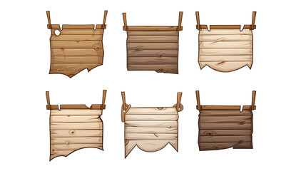 Cartoon and Game style set of wooden sign board collection, medieval style Vintage Retro, isolated background, png