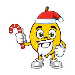 Lemon fruit santa cartoon character holds christmas candies