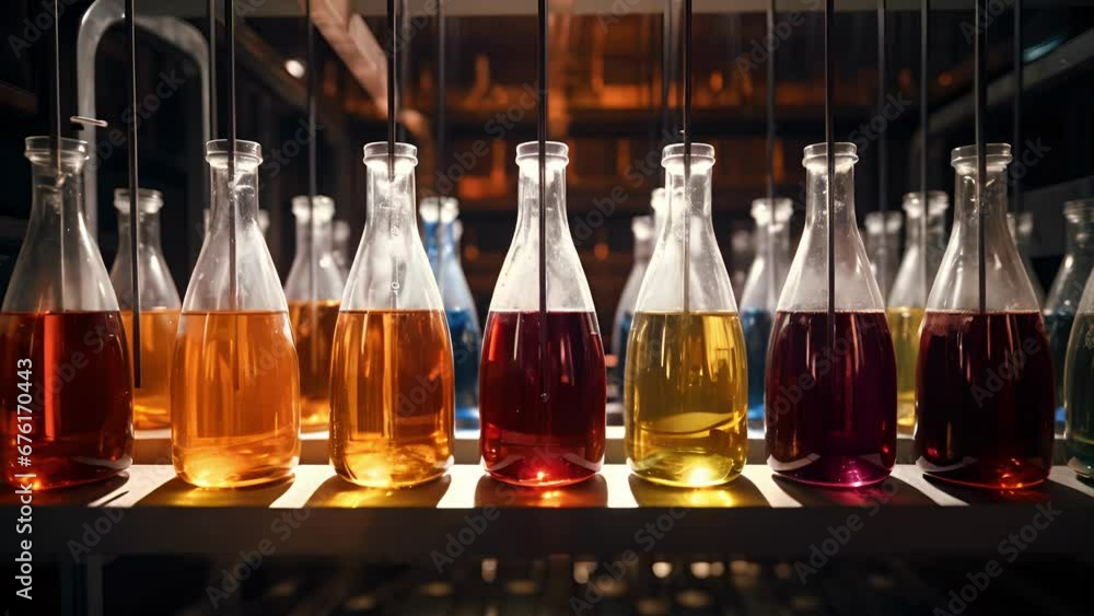 Poster detailed image of a row of glass fermentation vessels, each with a different stage of the fermentati
