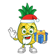 Pineapple fruit santa cartoon character holding a gift