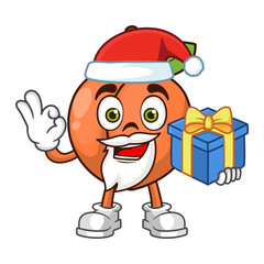 Peach fruit santa cartoon character holding a gift