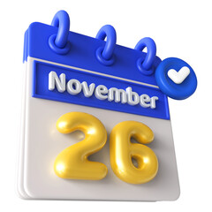 26th November Calendar 3D Render With Check Mark Icon