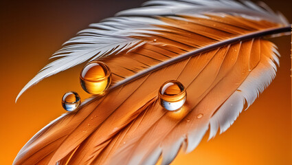 water drops,
A feather that is on a water surface,
