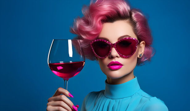 Elegant Woman with a Red Wine Holging  Glass in Pink and Blue Tones - Pastel Space for a Message, Party Concept	
