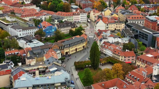 Gorgeous aerial top view flight Goethe house 
Weimar old town cultural city Thuringia germany fall 23. panorama orbit drone
4k footage