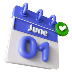 1st June Calendar 3D Render With Check Mark Icon