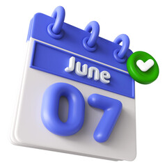 7th June Calendar 3D Render With Check Mark Icon