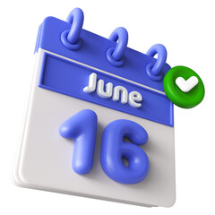 16th June Calendar 3D Render With Check Mark Icon