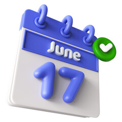 17th June Calendar 3D Render With Check Mark Icon