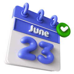 23rd June Calendar 3D Render With Check Mark Icon
