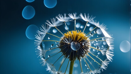 3d render of a label on vintage background,
Closeup on dew drops on a dandelion ,
 Nature details, Water droplets, 