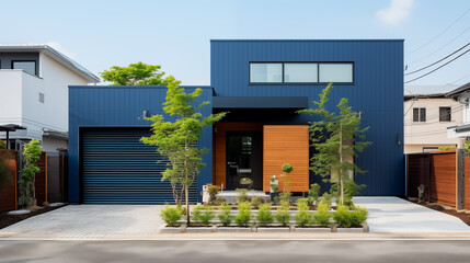 塗装ガルバリウム鋼板を用いた紺色の機能的な住宅
