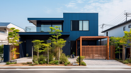 塗装ガルバリウム鋼板を用いた紺色の機能的な住宅