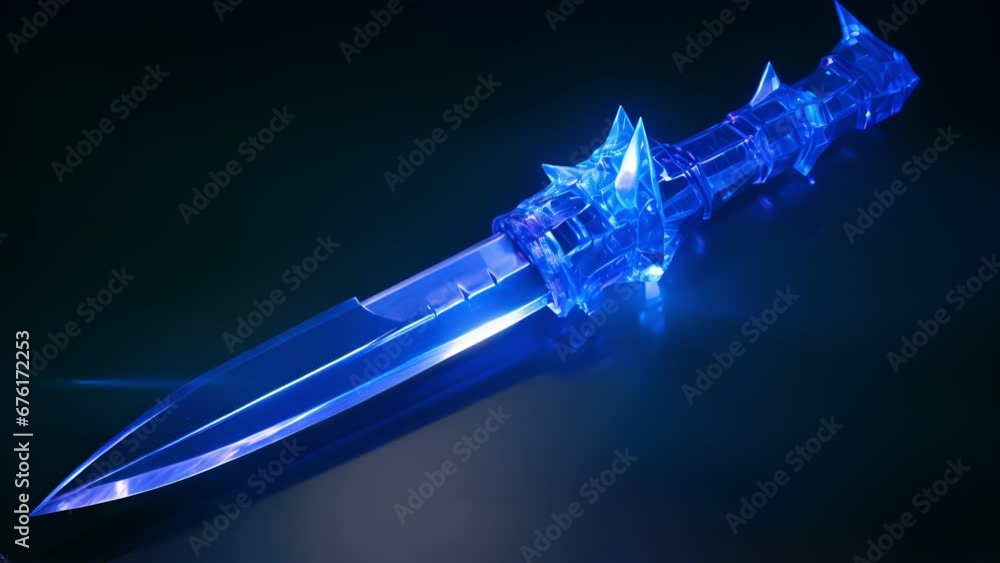 Poster a deep blue shard of ice shaped like a dagger that glows with a soft light. when thrown it releases 