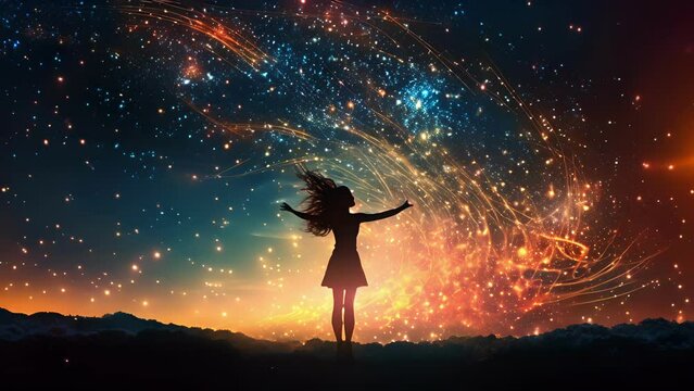 The sky began to sparkle with a dazzling array of stars which slowly formed into a figure in the sky. It was the silhouette of a woman with outstretched arms that seemed to be gazing