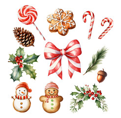 Set of Christmas candy and cookie decorations watercolor vector illustration,set of christmas elements,festival set,new year,Children's Day