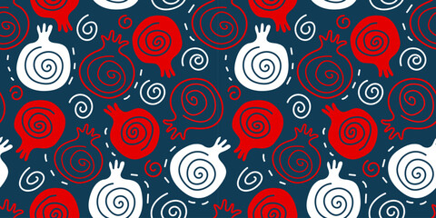 Fototapeta premium Pomegranate seamless pattern. Design template with bright hand drawn pomegranates. Seamless pattern for gift wrapping. Cute fruits Cartoon pomegranates flat hand drawing vector background