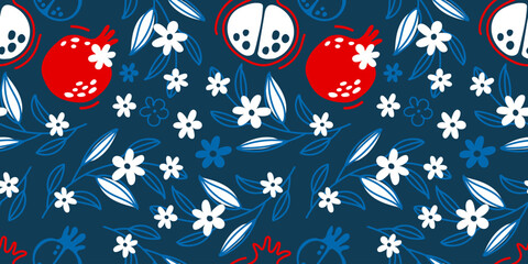 Fototapeta premium Pomegranate seamless pattern. Design template with hand drawn pomegranate branches. Seamless pattern for gift wrapping. Branches and leaves fruits Cartoon flat hand drawing vector background