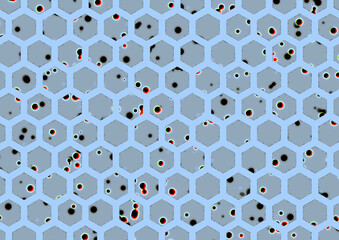 Irregular hexagonal pattern with small blue Christmas dots inscribed in hexagons with a wave water gray-blue border on a light blue background - 676172866