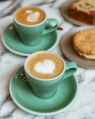 Tazas de cafe con liquido de corazon blanco y pato blanco, con galletas y budin sobre mesa de marmol en el desayuno