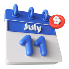 11th July Calendar 3D Render With Check Mark Icon