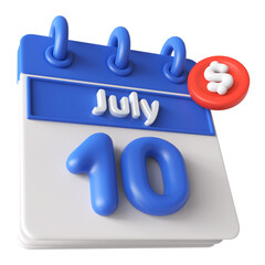 10th July Calendar 3D Render With Check Mark Icon