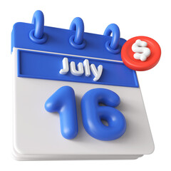 16th July Calendar 3D Render With Check Mark Icon
