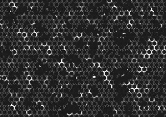 Abstract black and white honeycomb pattern with scattered white dots: a modern, geometric, and seamless design perfect for backgrounds, wallpapers, or any business and technology-related graphics - 676173613