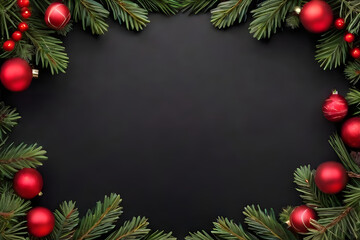 christmas background with christmas tree branches and red balls
