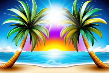 Fototapeta premium Beautiful tropical landscape illustration with palm tree, blue sky, ocean waves at sand beach. Summer vacation concept. Ideal background for traveling agencies