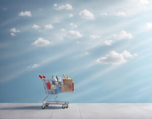 Shopping cart with groceries on Sky background