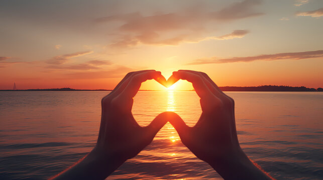 Sunset heart gesture poster web page PPT back