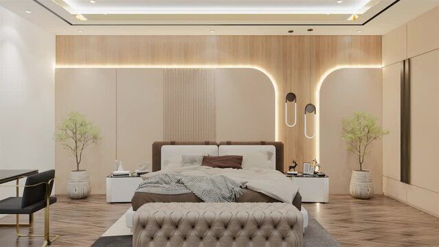 Modern Luxury Bedroom design Animation. 3D Illustration Render