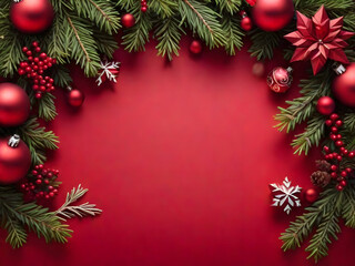 Fototapeta na wymiar christmas background with christmas tree branches and red background ,balls