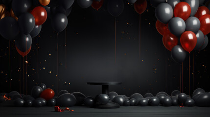 Black Friday sale background with balloon and gift boxes on a dark scene. Discount or sale marketing advertisement for poster, Ads, web banner, flyers, banners, brochure. Generative AI