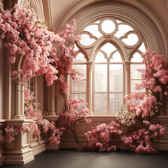 Beautiful arches adorn the background of a white room with flowers, presenting pristine geometry, realistic yet ethereal qualities, and soft hues for a touch of religious symbolism.
