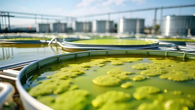 An enormous tank filled with algae cultivation beds, meticulously maintained by workers, highlighting the sites commitment to sustainable algaebased carbon capture and biofuel production.