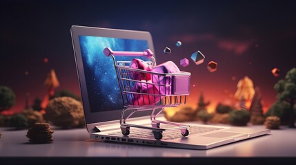 Ecommerce Shopping Cart On Laptop Background.  (generative AI). - obrazy, fototapety, plakaty