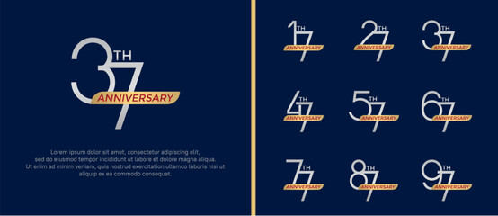 set of anniversary logo silver color and gold ribbon on blue background for celebration moment