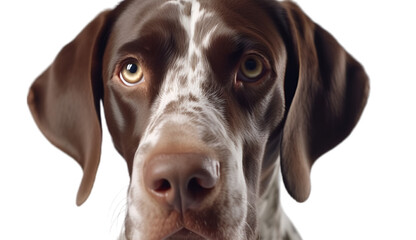 Close up shot of face of a brown german short hair pointer dog looking upwards. isolated on transparent background.