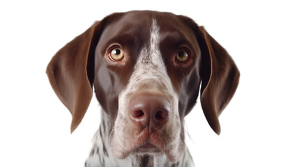 close up of a lovely brown German short haired pointer dog isolated on transparent background, looking at camera. 